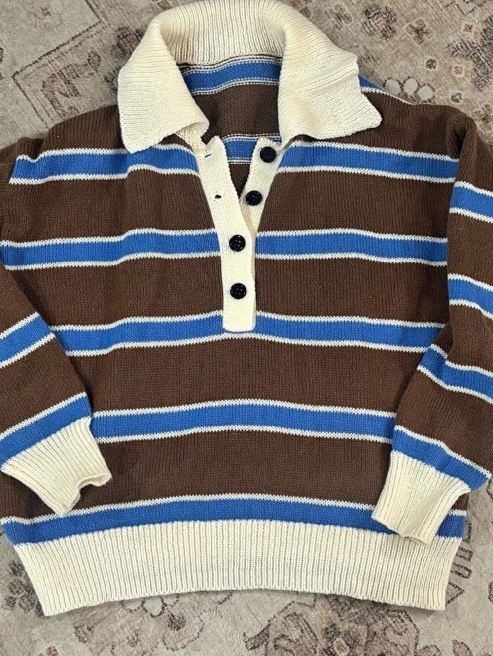 Winter Retro Brown & Blue Colorblock Striped Polo Collar Knit Sweater